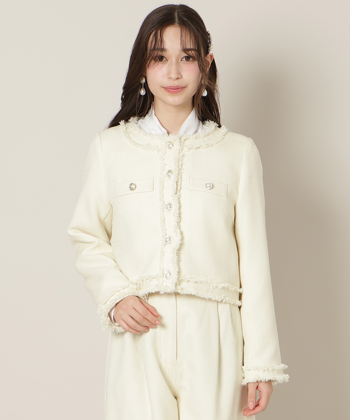 ノーカラーフリンジツイードジャケット