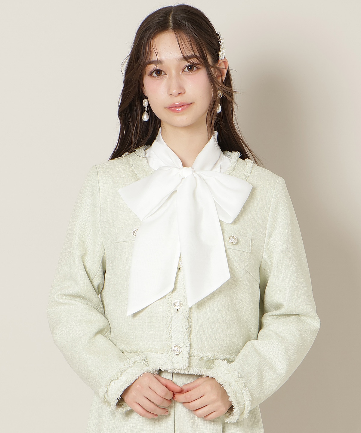 ノーカラーフリンジツイードジャケット