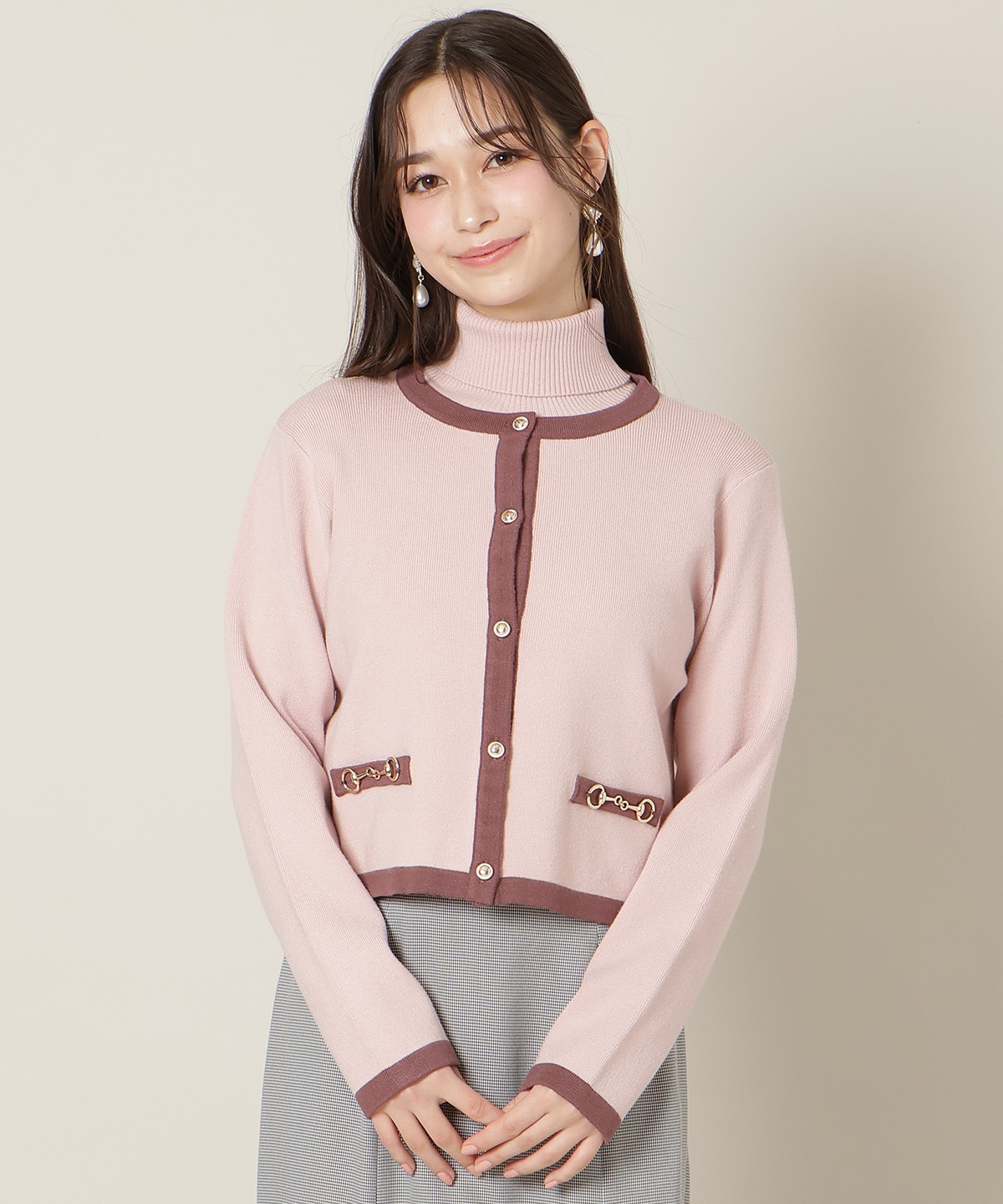 バイカラーアンサンブル【ハイネックトップス×カーディガンセット】