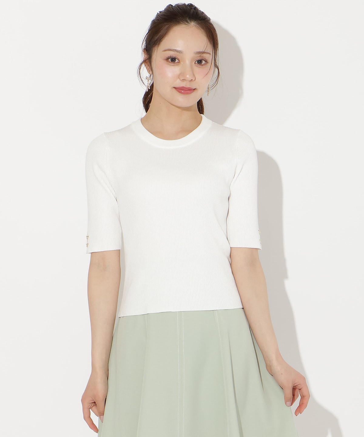 袖口リボンリブニット