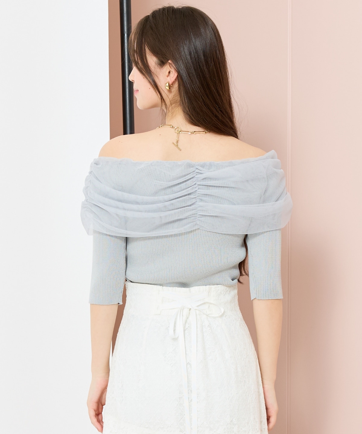 リボンチュールレイヤードリブニット