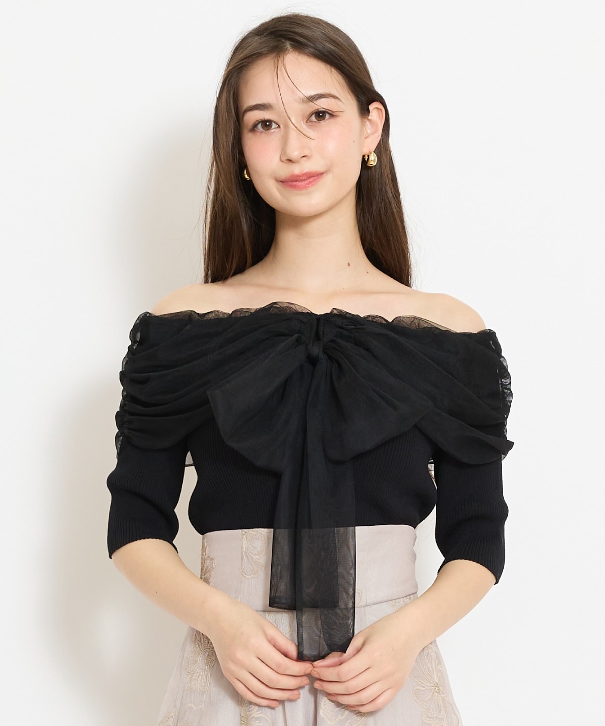 リボンチュールレイヤードリブニット