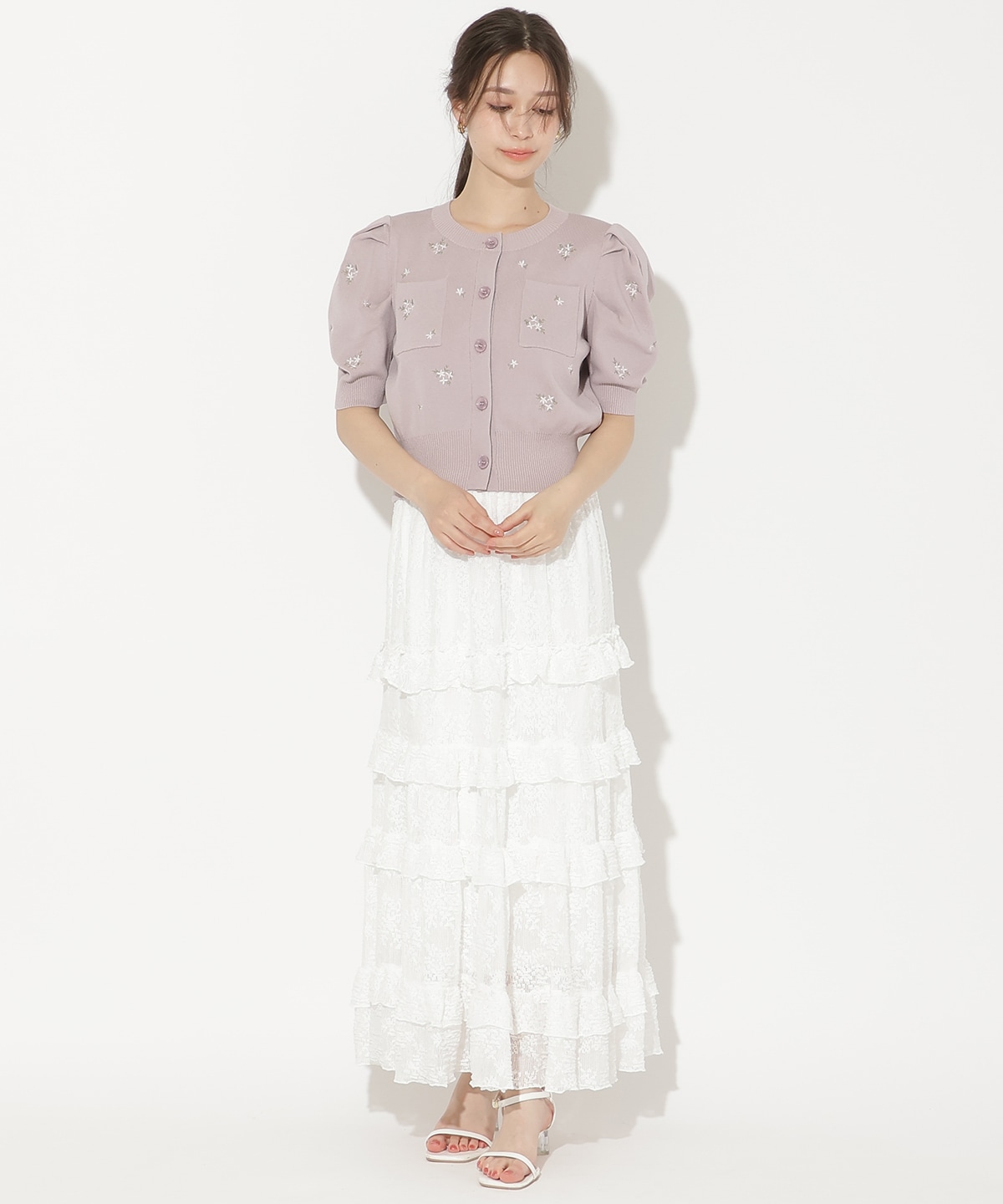 小花刺繍タックスリーブカーディガン