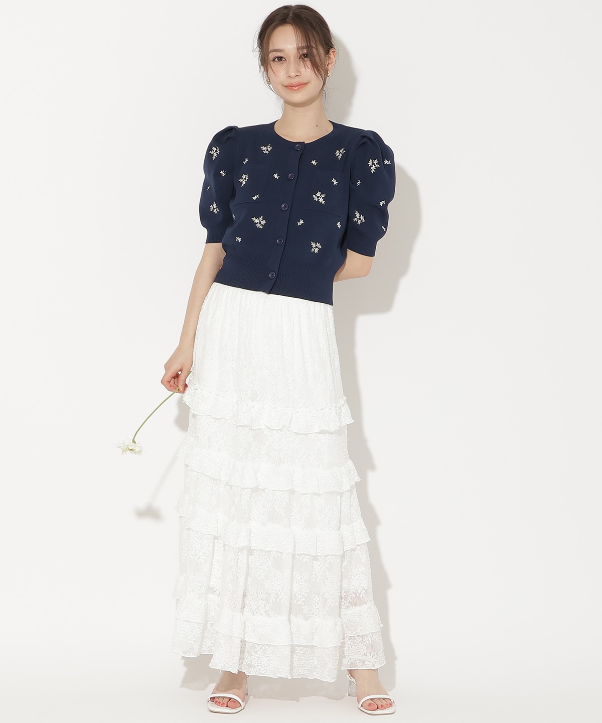 小花刺繍タックスリーブカーディガン