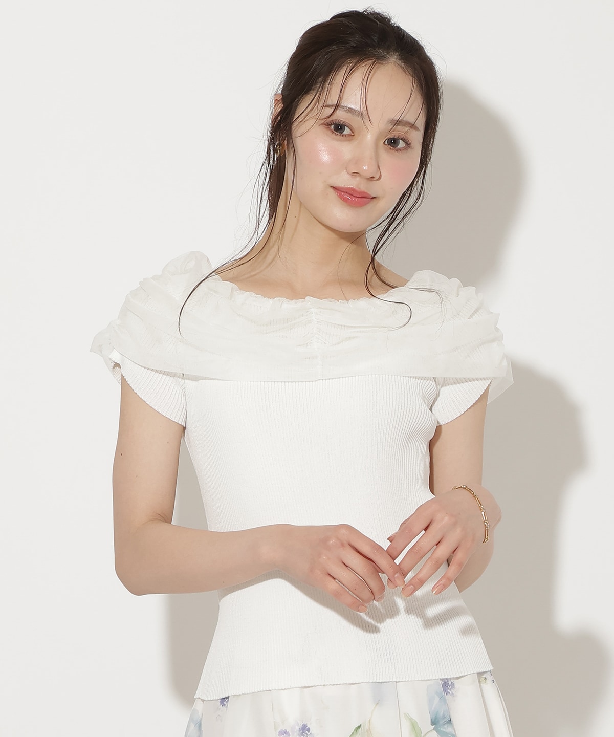 リボンチュールレイヤードリブニット
