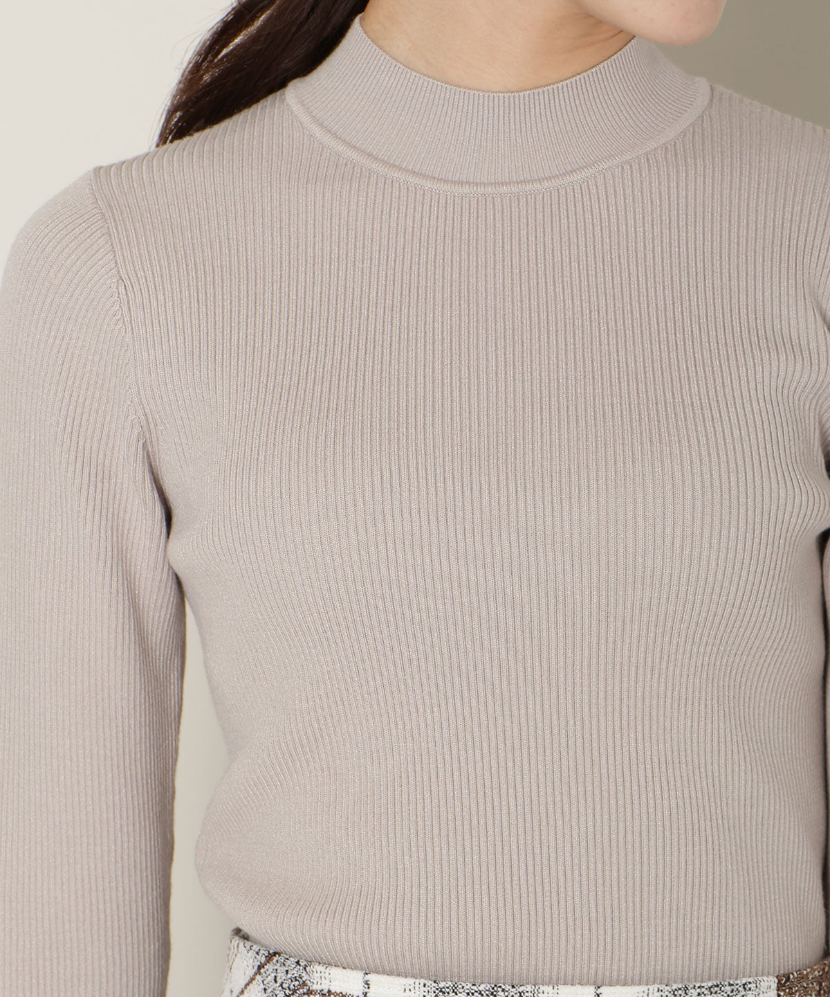 袖口レースハイネックリブニット