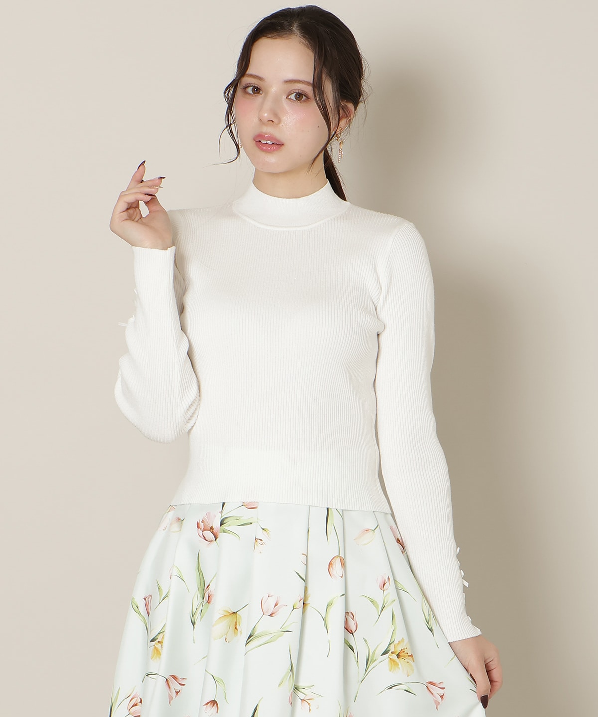 袖リボンラメリブニット