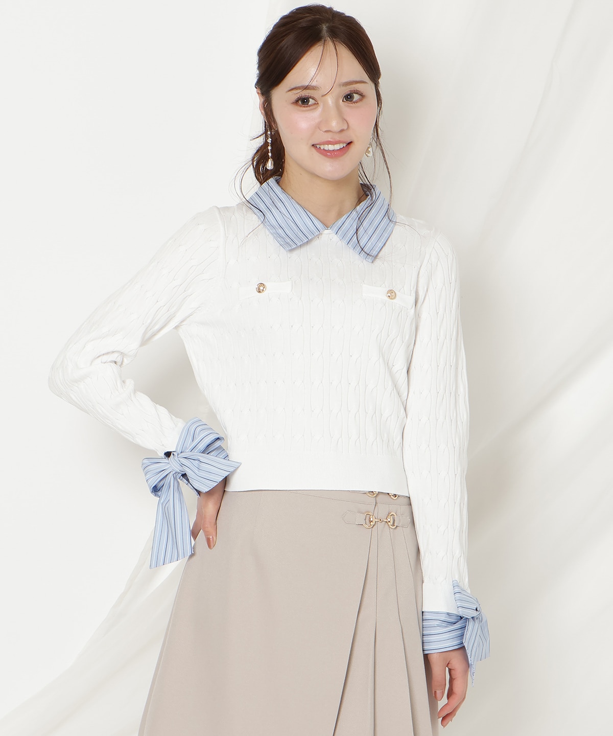 リボンカフスドッキングケーブルニット