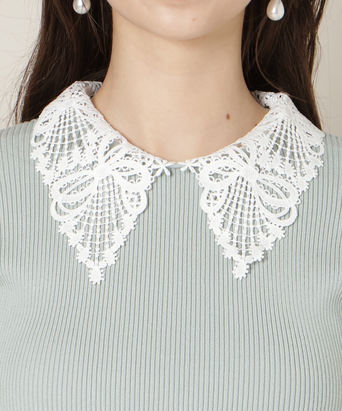 リボンレースカラーフレアスリーブニット