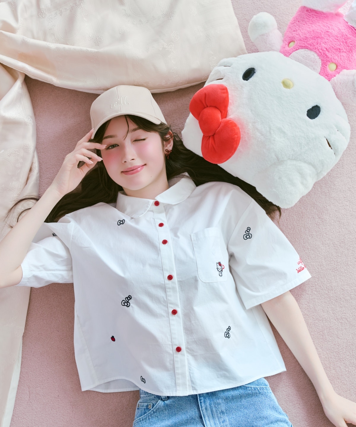 【8/7(fri)20時発売】WILLSELECTION×HELLO KITTY 刺繍クロップドシャツ