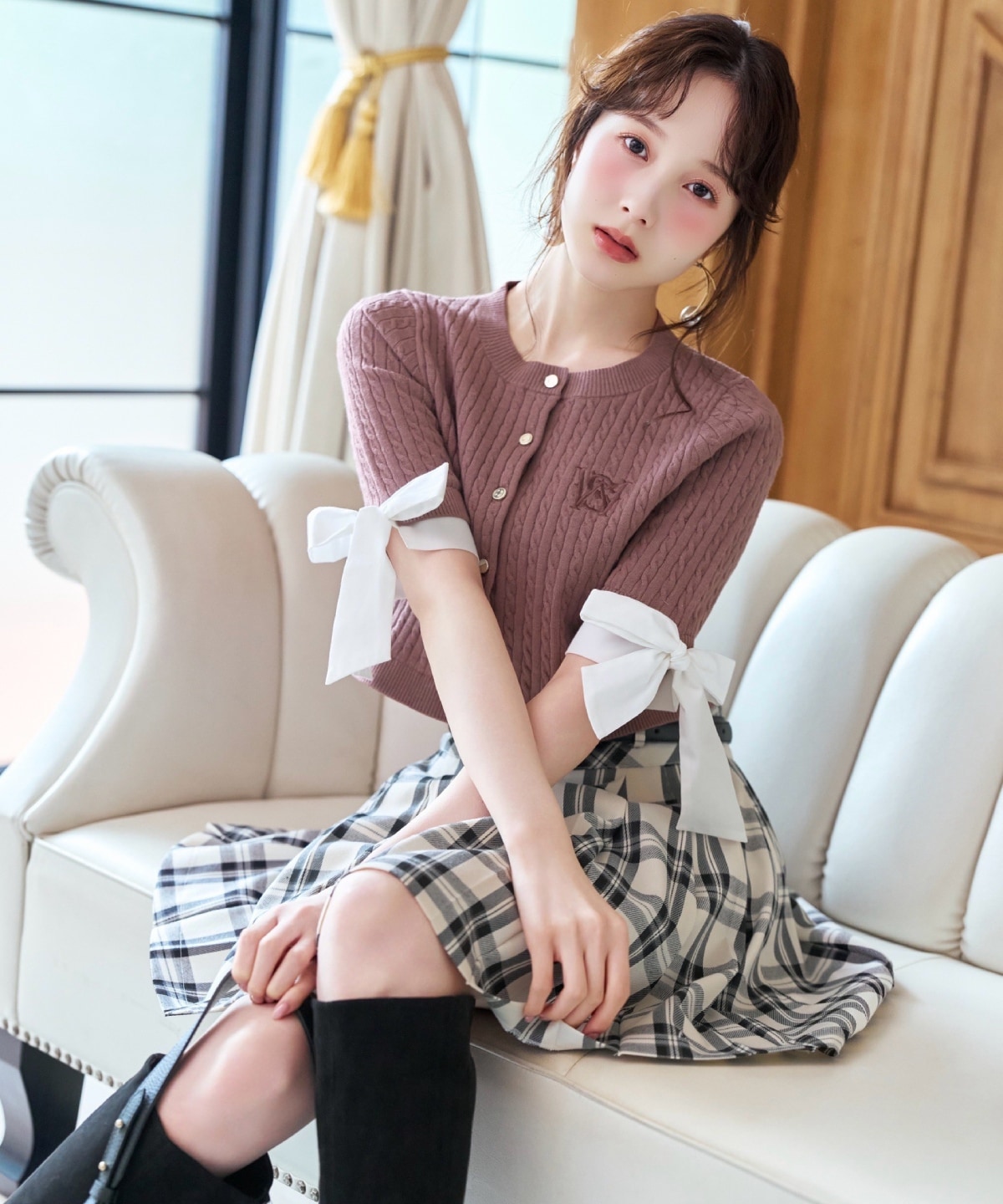 ベルト付きタックプリーツミニスカート