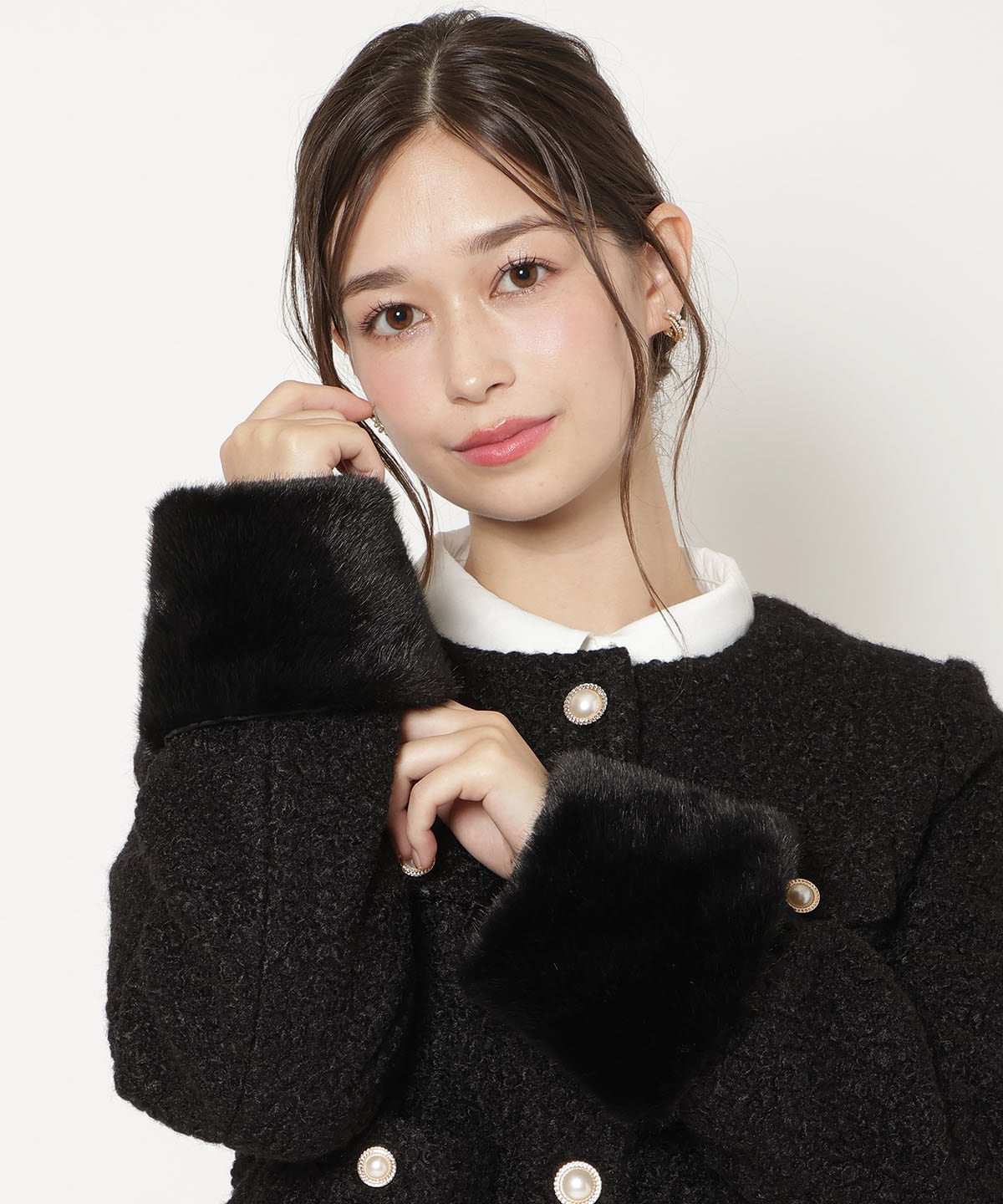 ノーカラーブークレショートコート