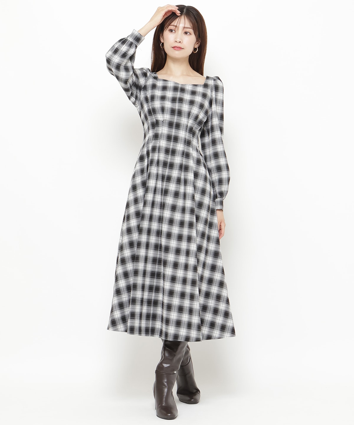 チェックウエストタックワンピース
