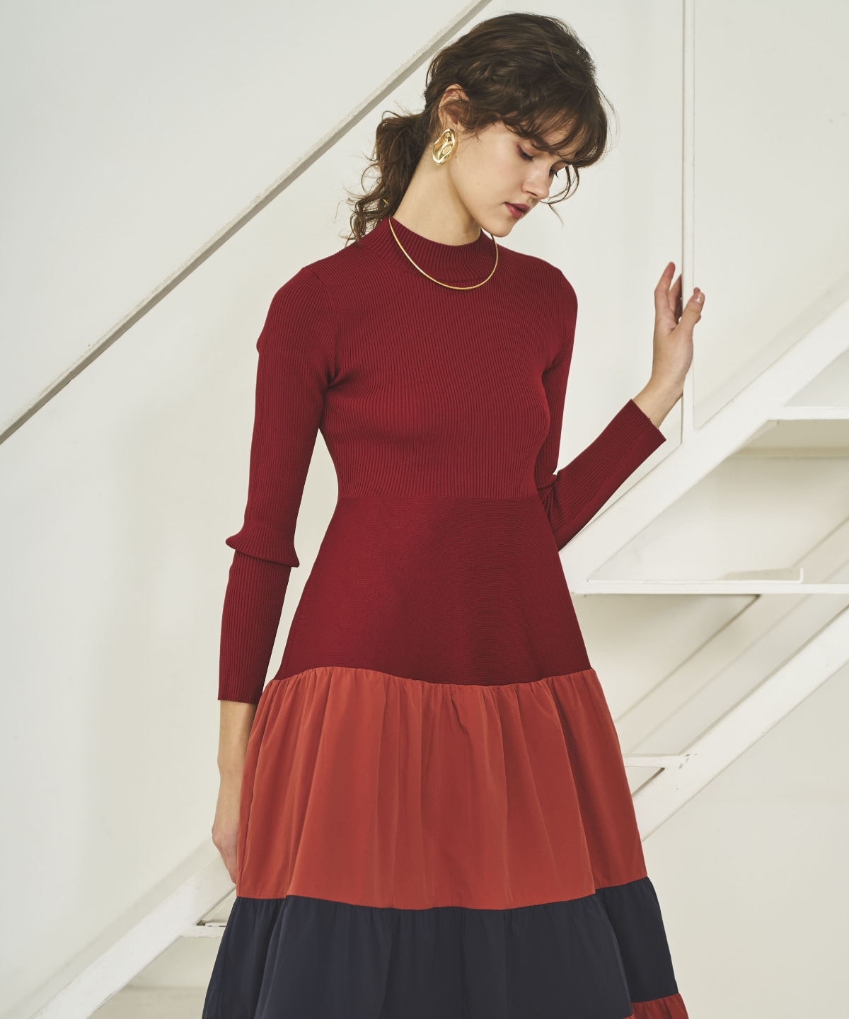 布帛ティアードドッキングワンピース