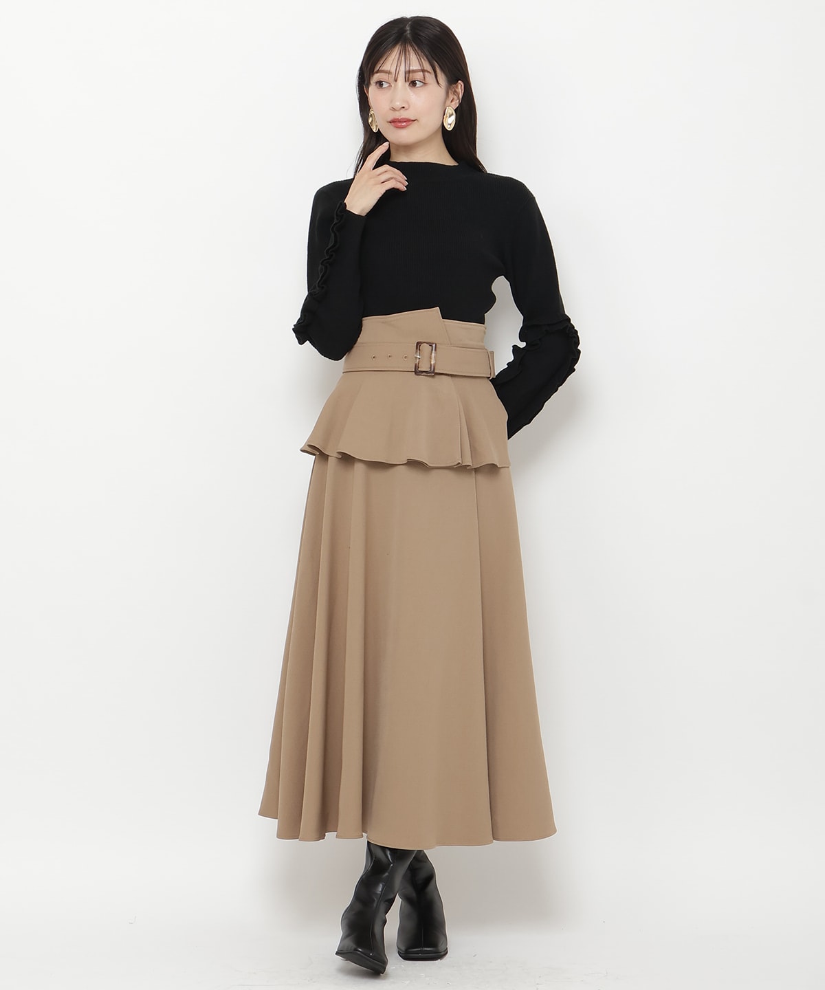 袖フリルハイネックリブニットプルオーバー