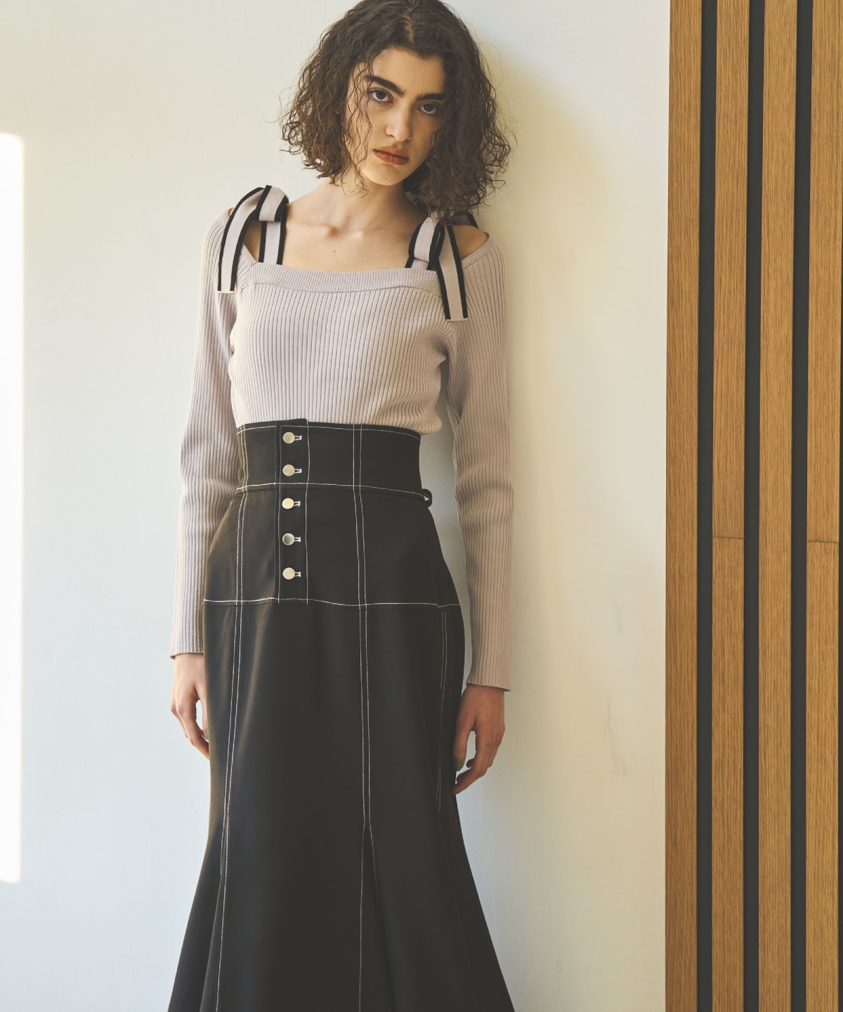 配色ショルダーリボンニットプルオーバー