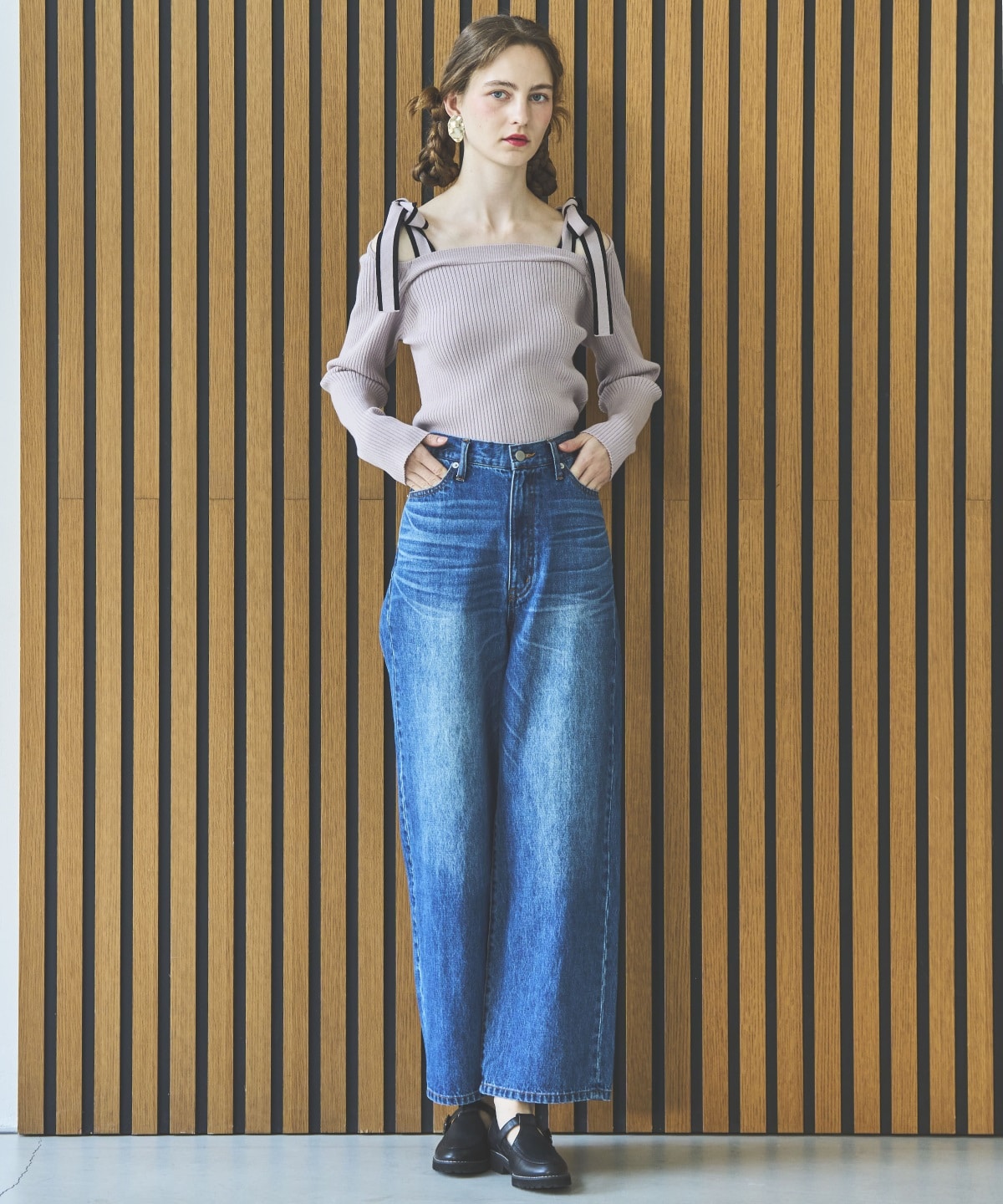 配色ショルダーリボンニットプルオーバー