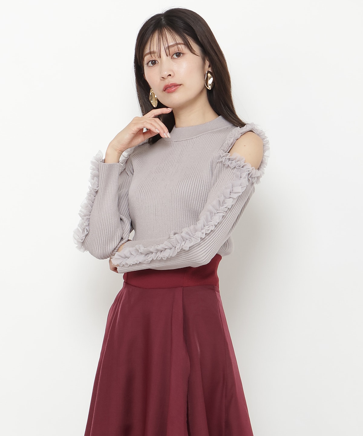チュールフリルオフショルニットプルオーバー