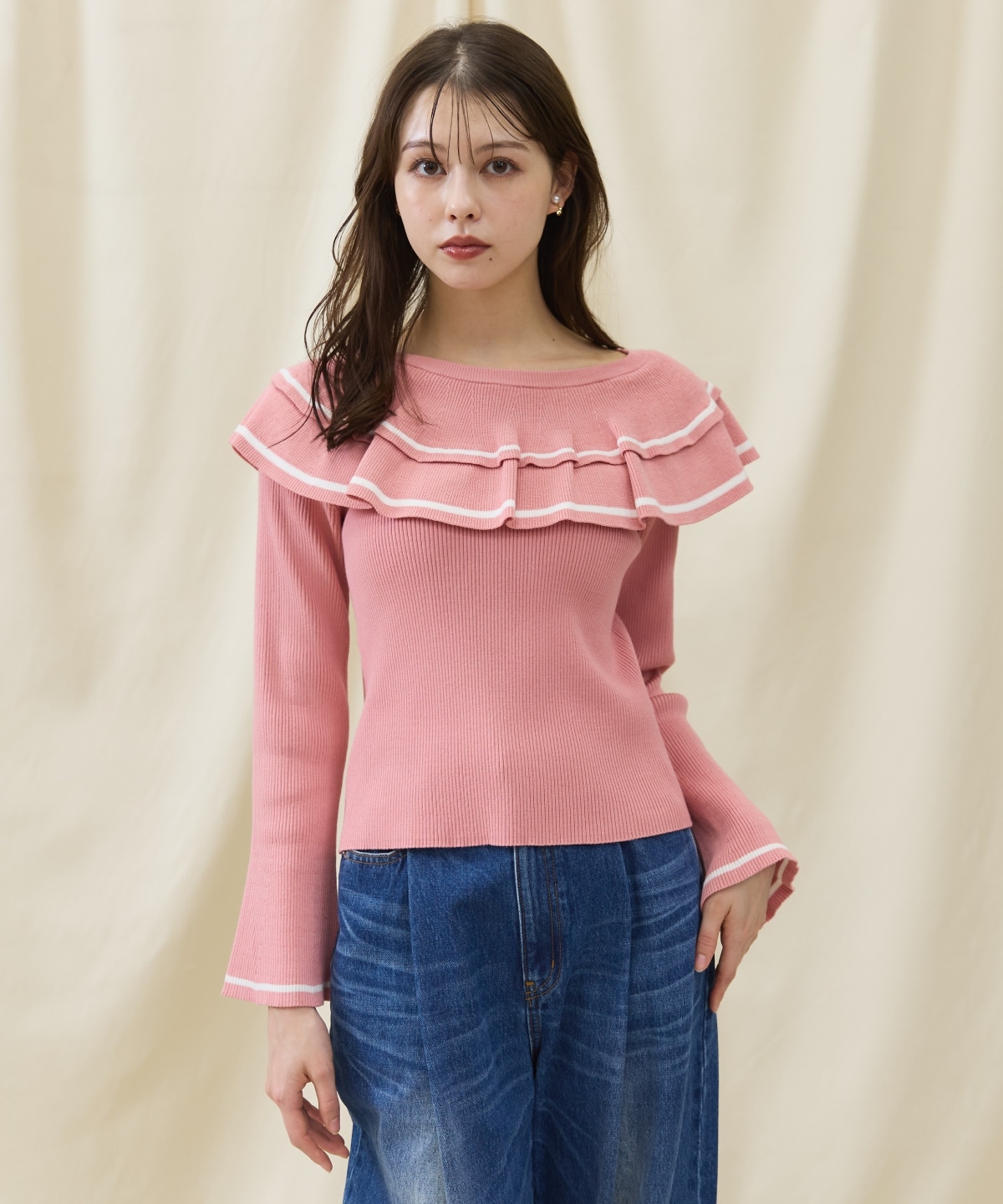 配色ケープフリルニット