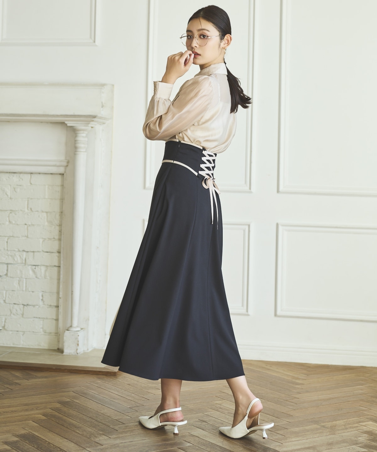 リボンタイ付きオーガンジーシャツ