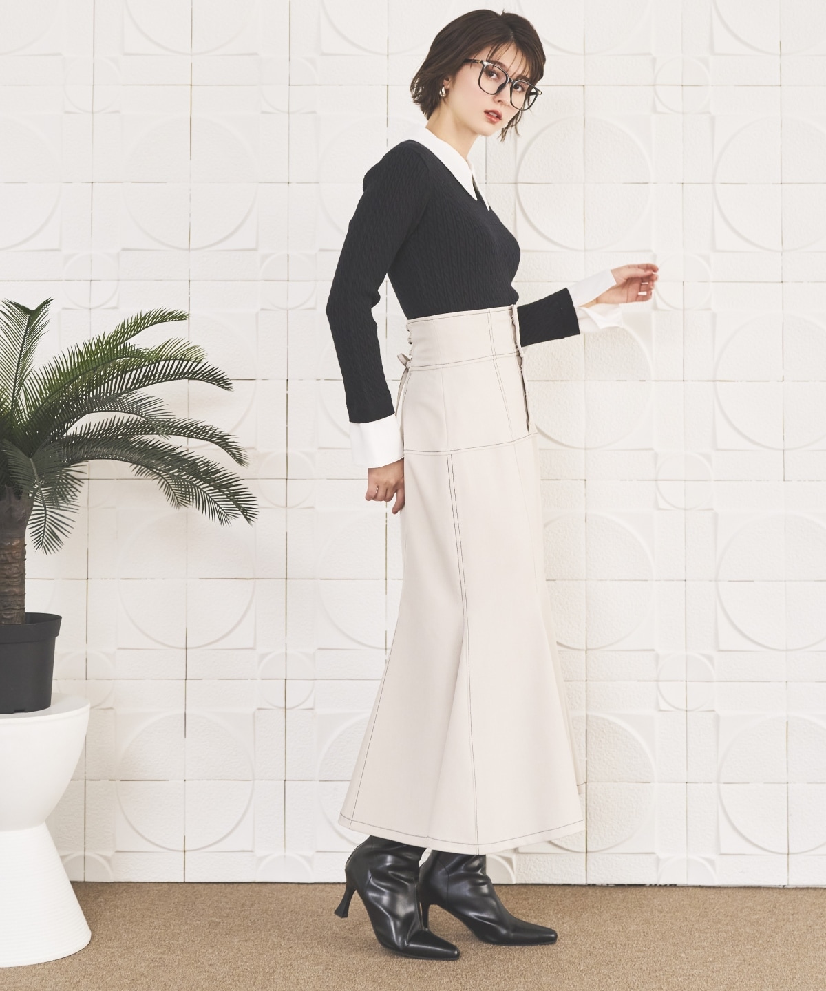 ハイウエストコルセットステッチスカート