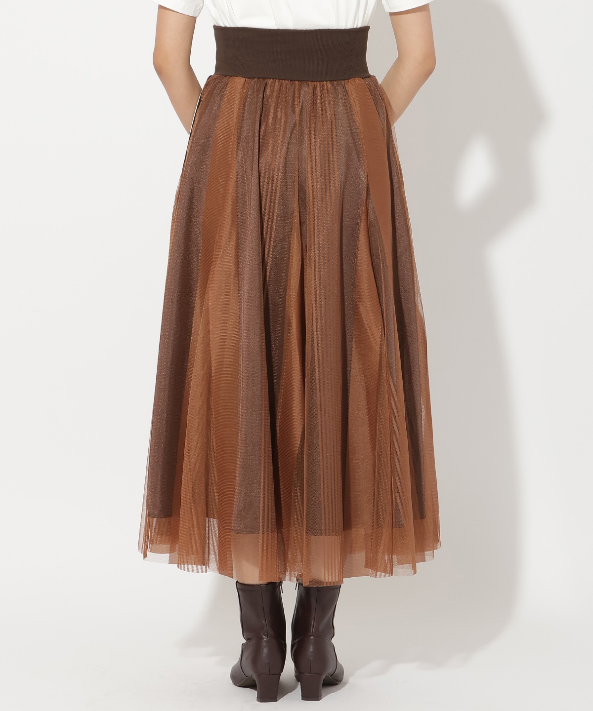 ウエストリブサイドラインストライプ×チュールロングスカート