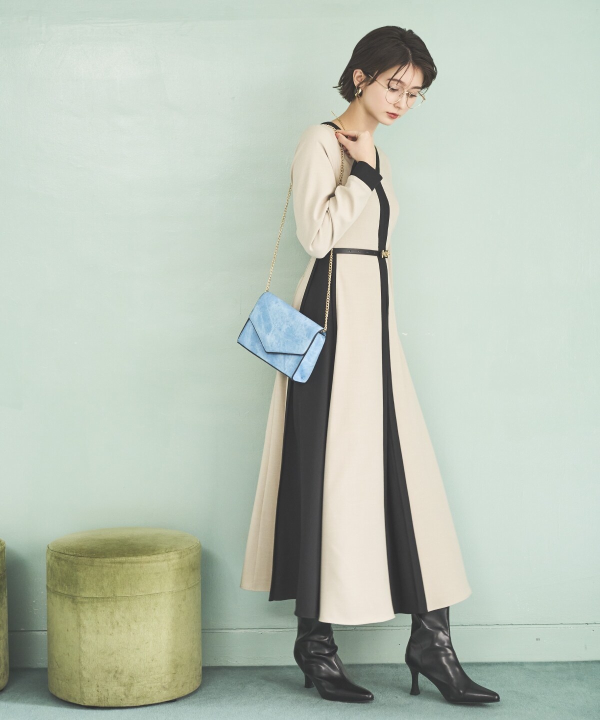 ベルト付き配色デザインワンピース(F ベージュ): AND COUTURE｜公式  