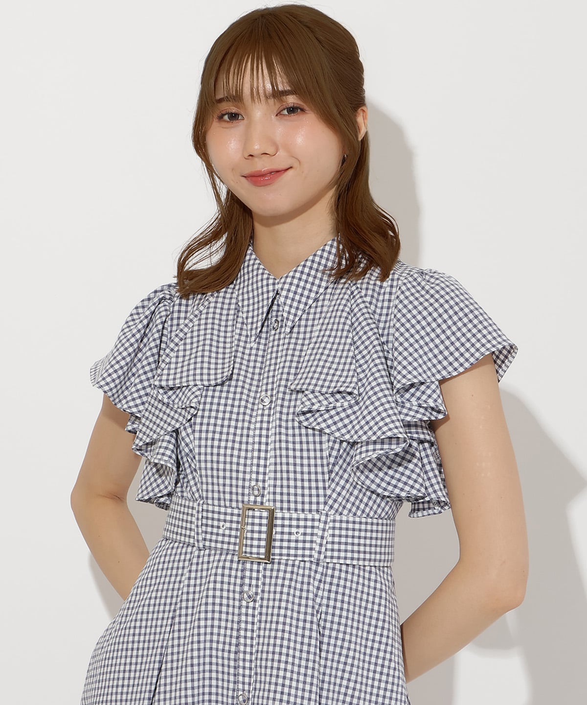 袖フリルチェックシャツワンピース