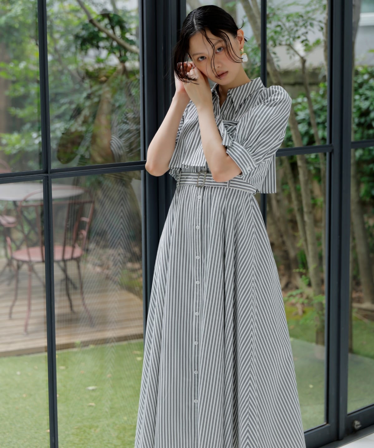 ビスチェ切替ストライプシャツワンピース