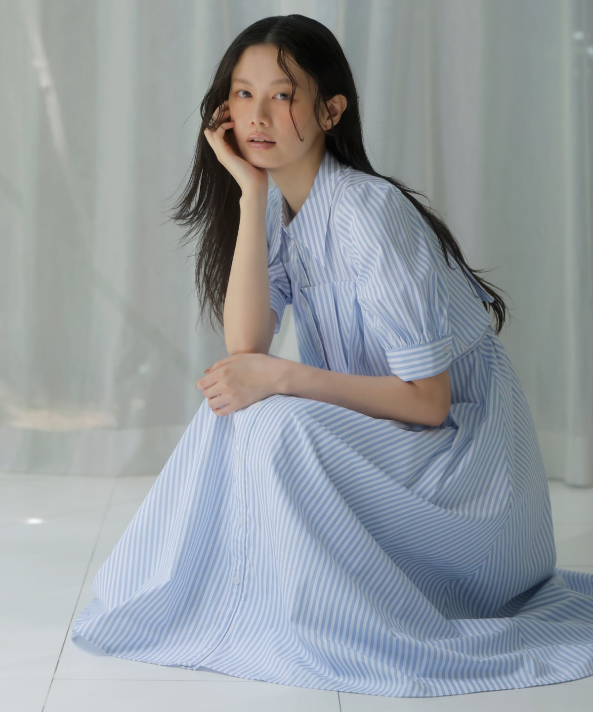 ビスチェ切替ストライプシャツワンピース