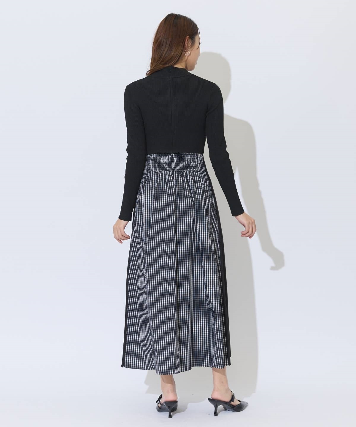 チェックドッキング配色ワンピース