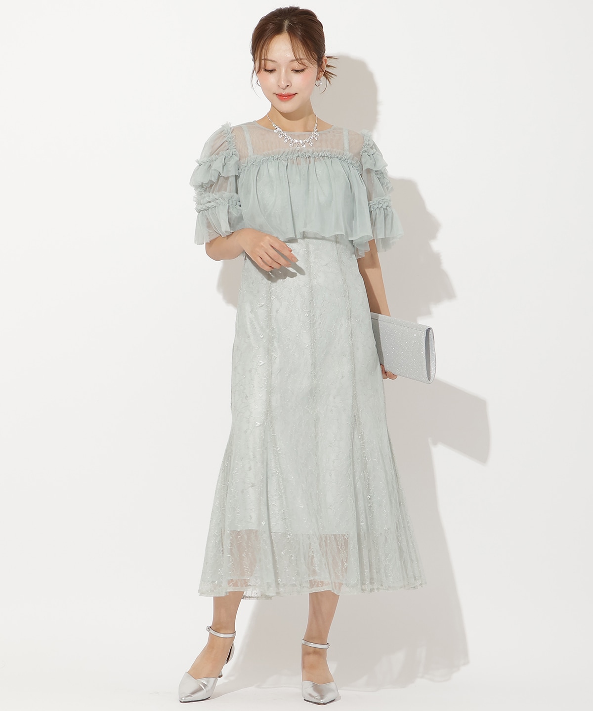 チュールフリルブラウス+レースキャミドレス