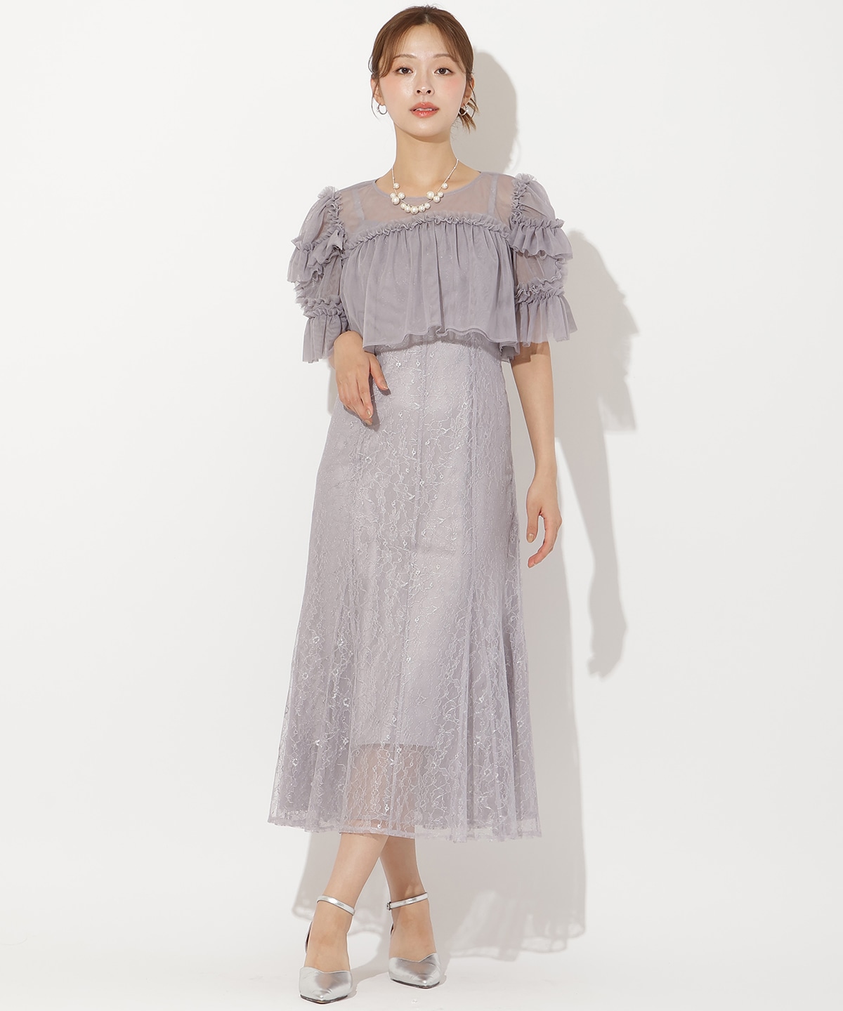 チュールフリルブラウス+レースキャミドレス