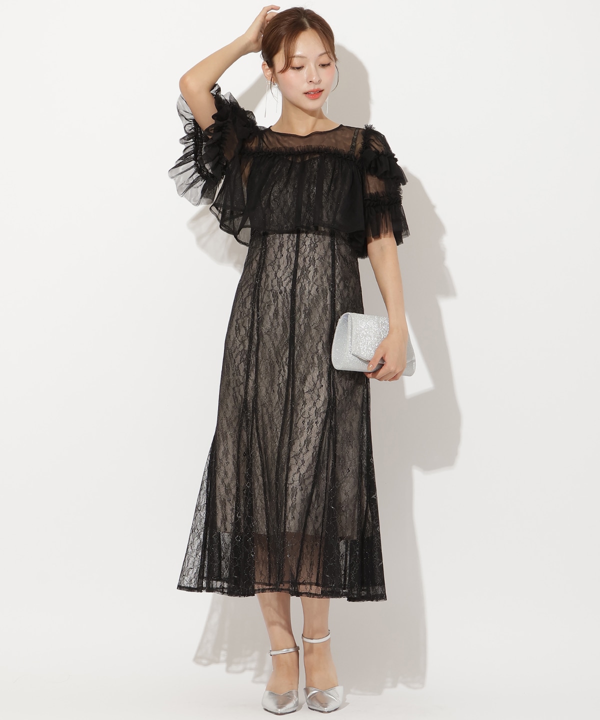 チュールフリルブラウス+レースキャミドレス