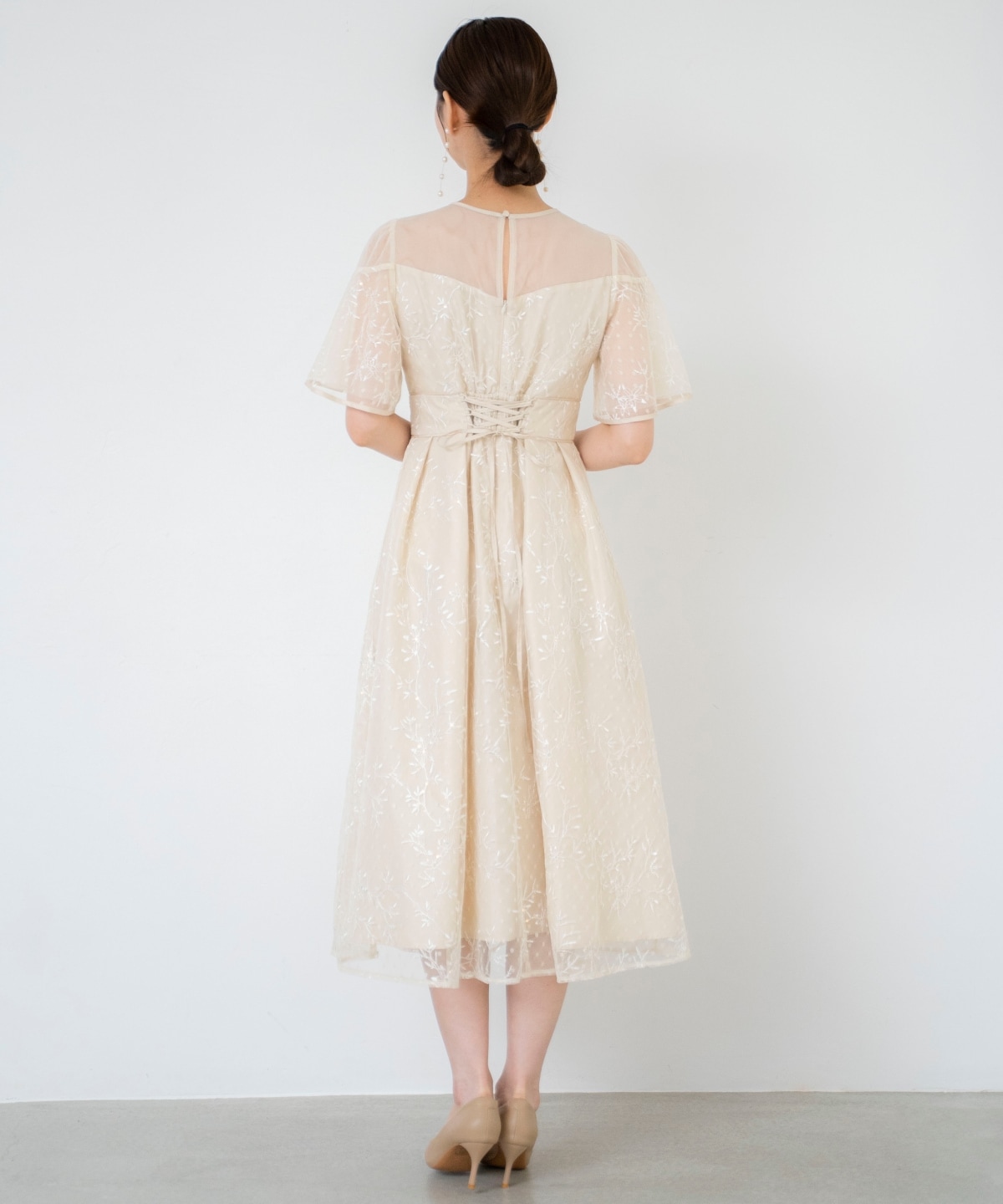 小花柄刺繍ドットチュールドレス