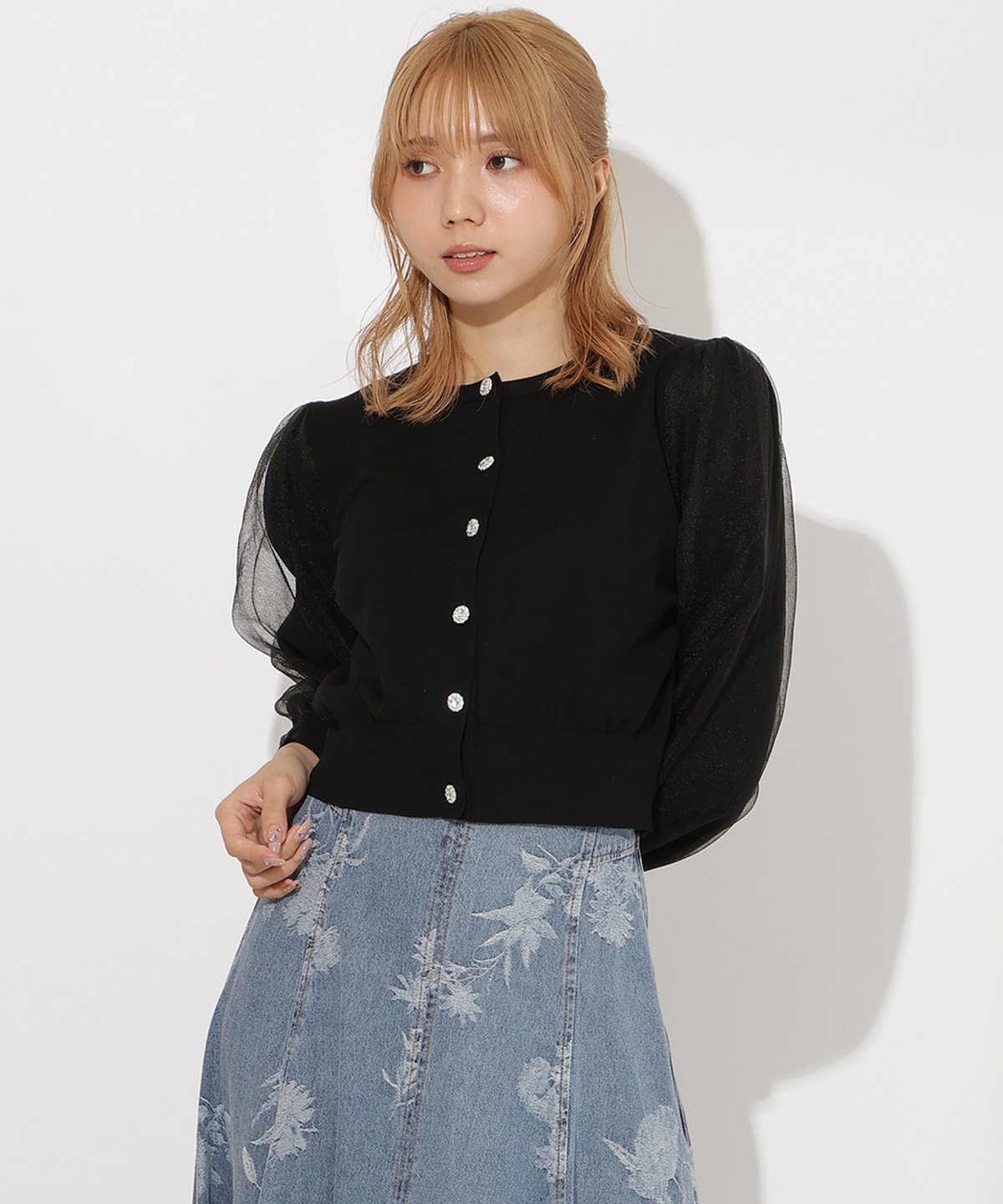 シアースリーブビジューカーディガン