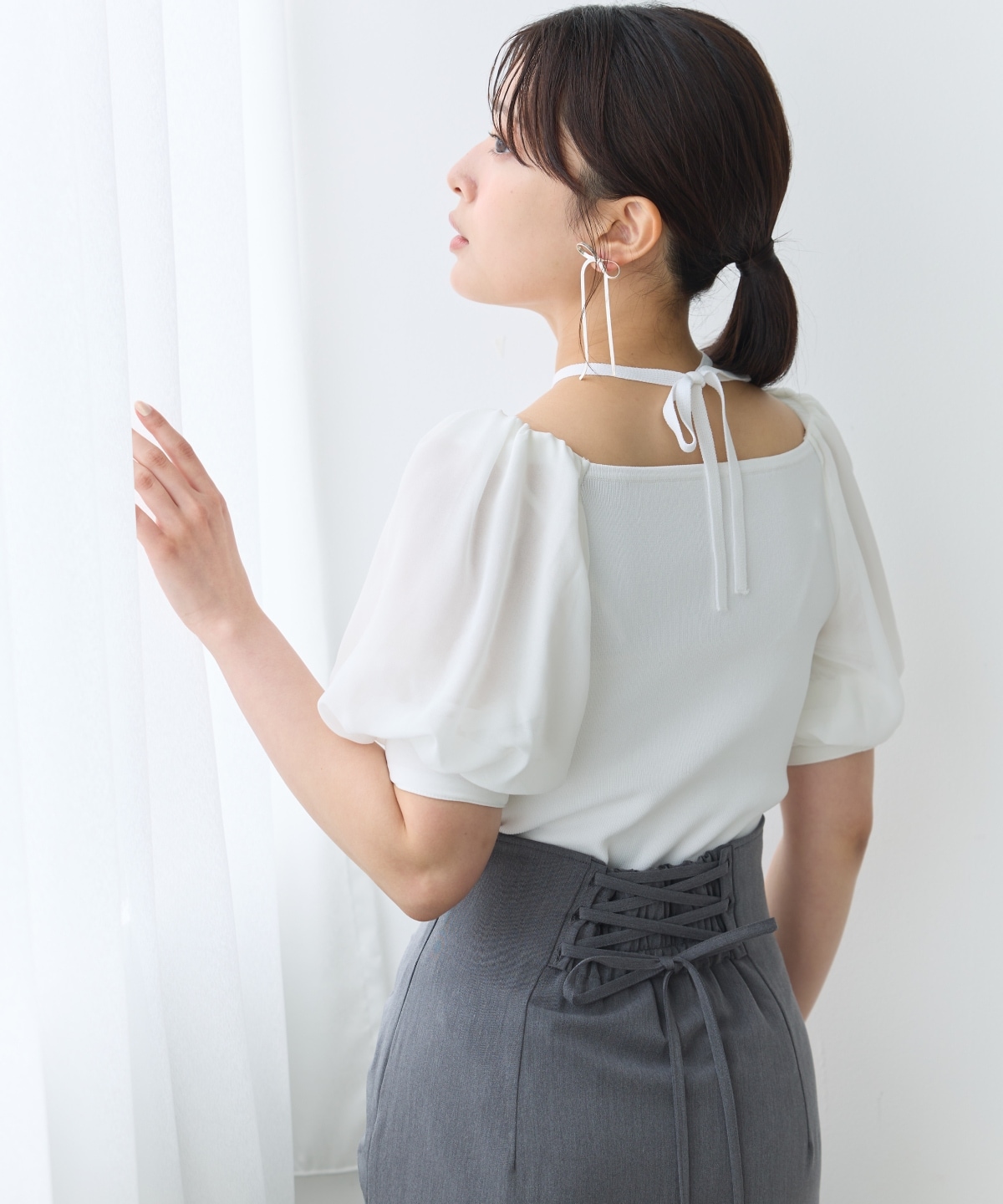 シアースリーブクロスネックプルオーバー