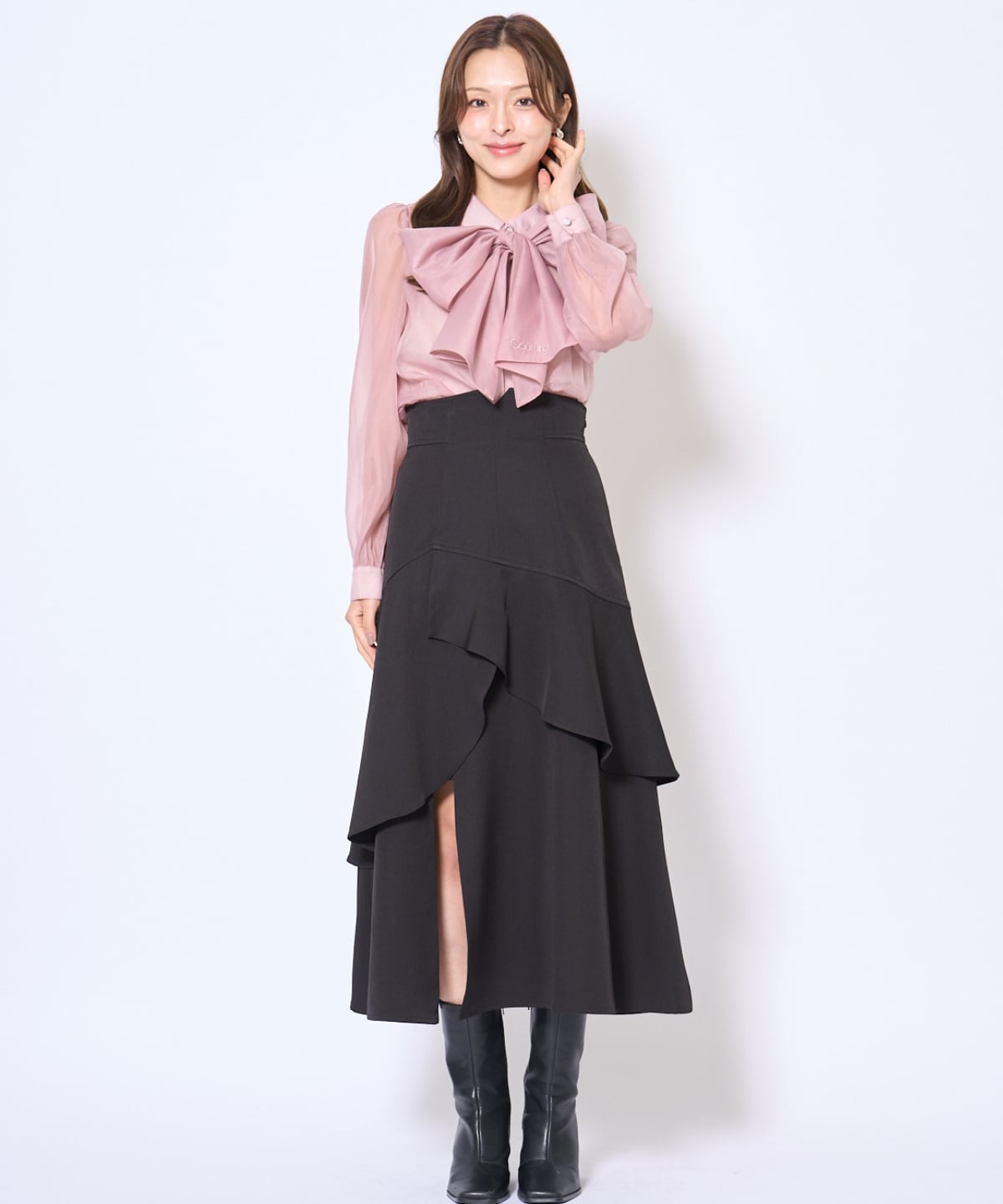 バタフライリボンシアー長袖ブラウス