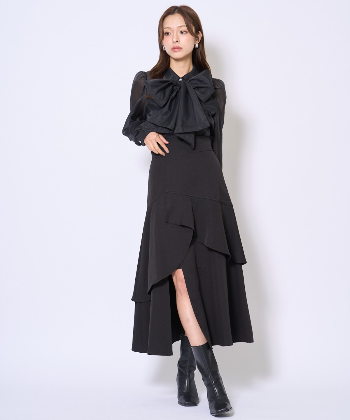 バタフライリボンシアー長袖ブラウス