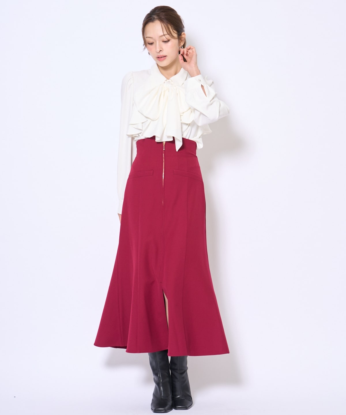 ビジューボタンフリルケープ長袖ブラウス