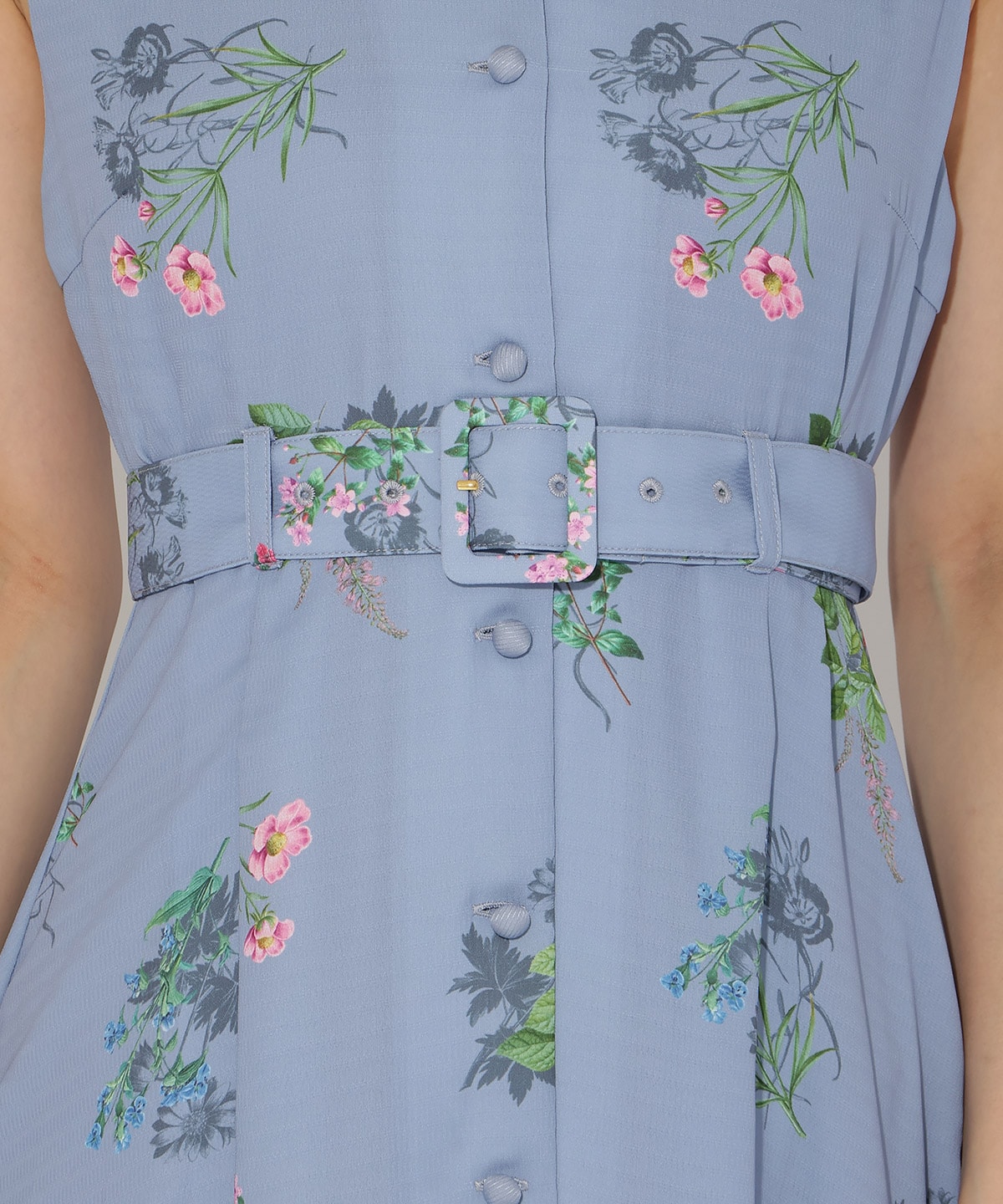 ドローイングフラワー配色襟ワンピース