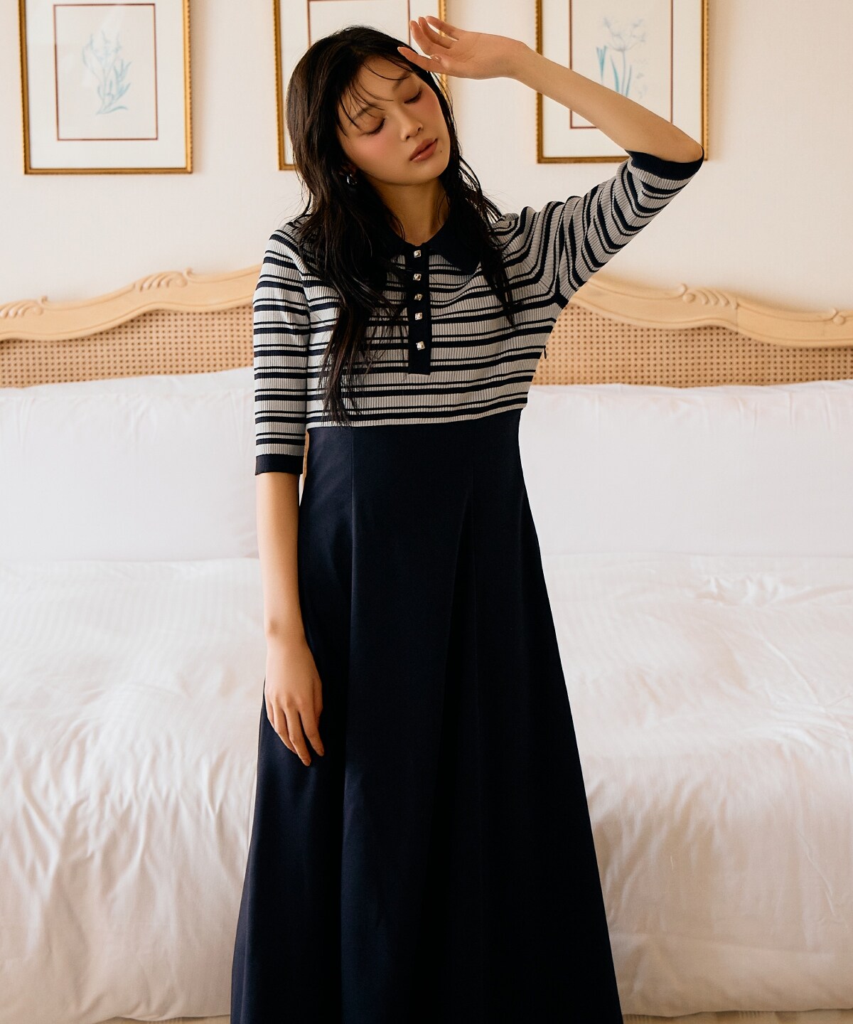 overE カットドッキングワンピース ネイビー 96 カットドッキングワンピース：ネイビー│胸が大きな女性のための