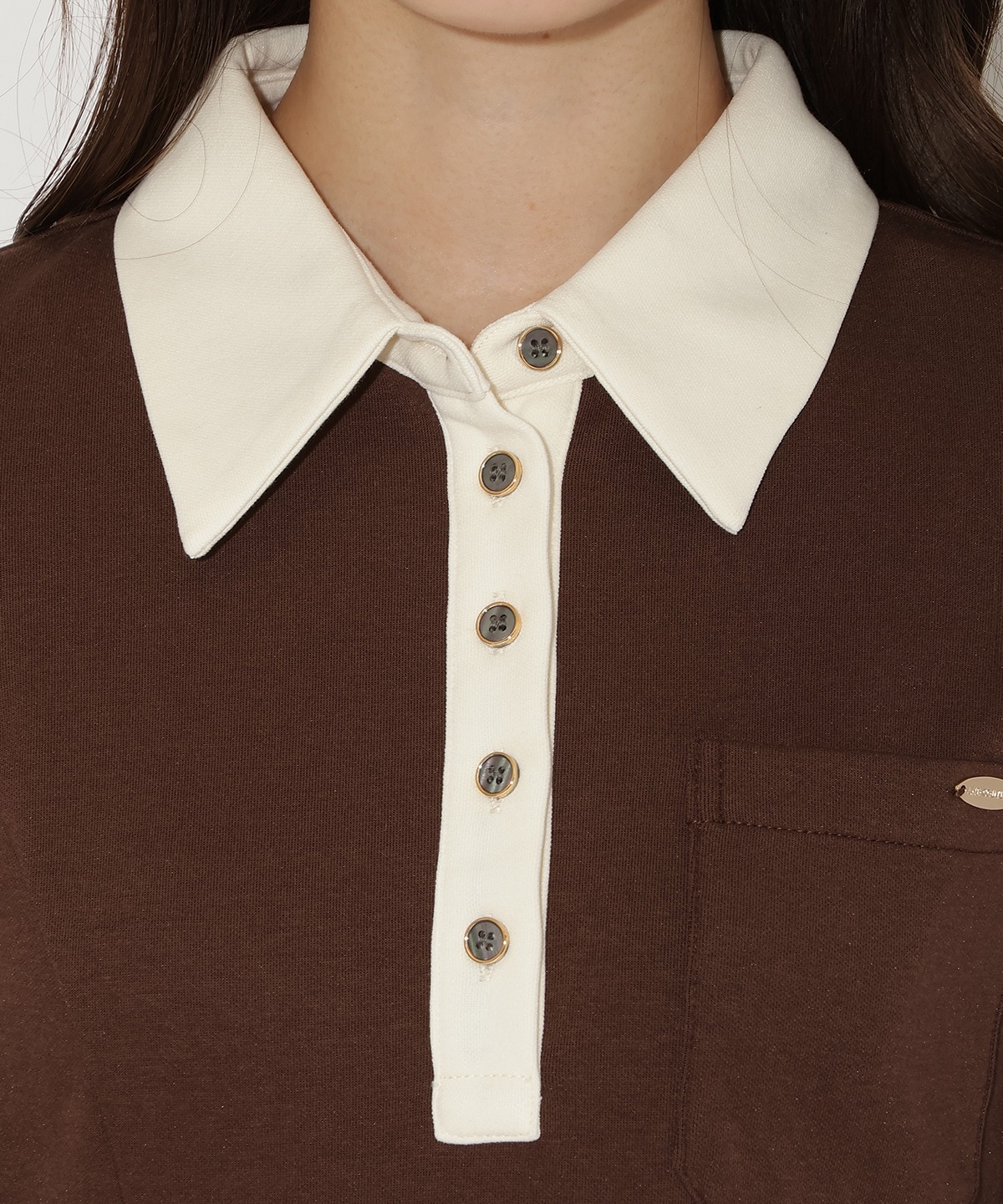 配色ポロ襟長袖ワンピース