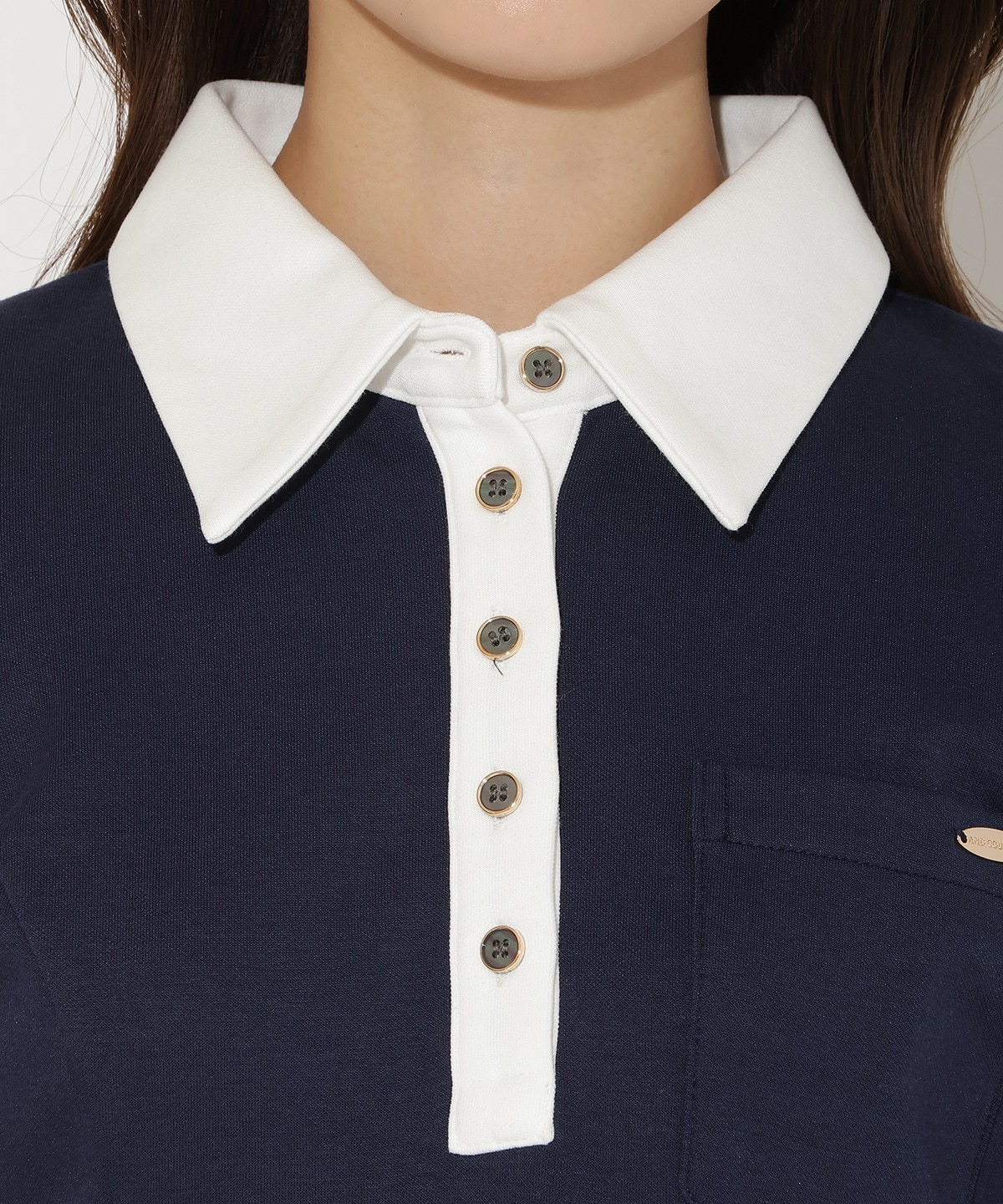 配色ポロ襟長袖ワンピース