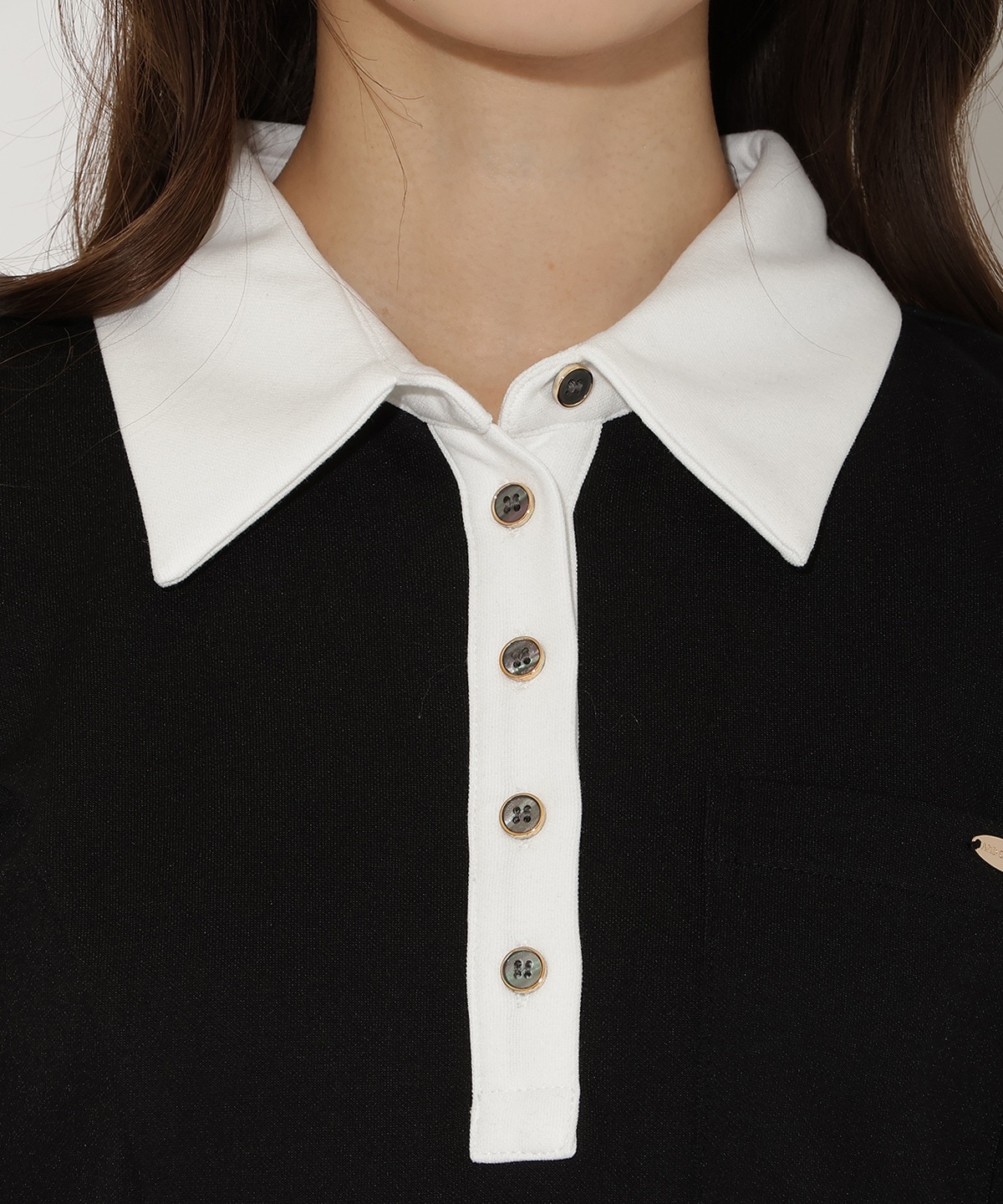 配色ポロ襟長袖ワンピース