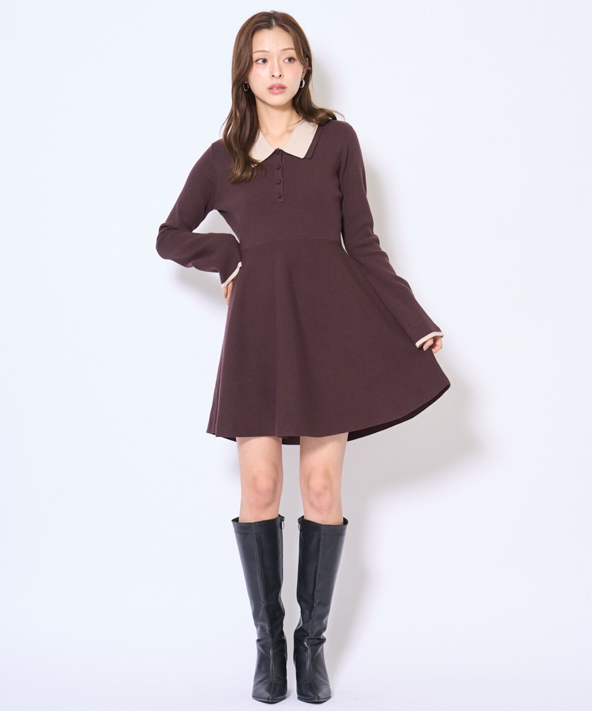 バイカラーポロニットフレアミニワンピース