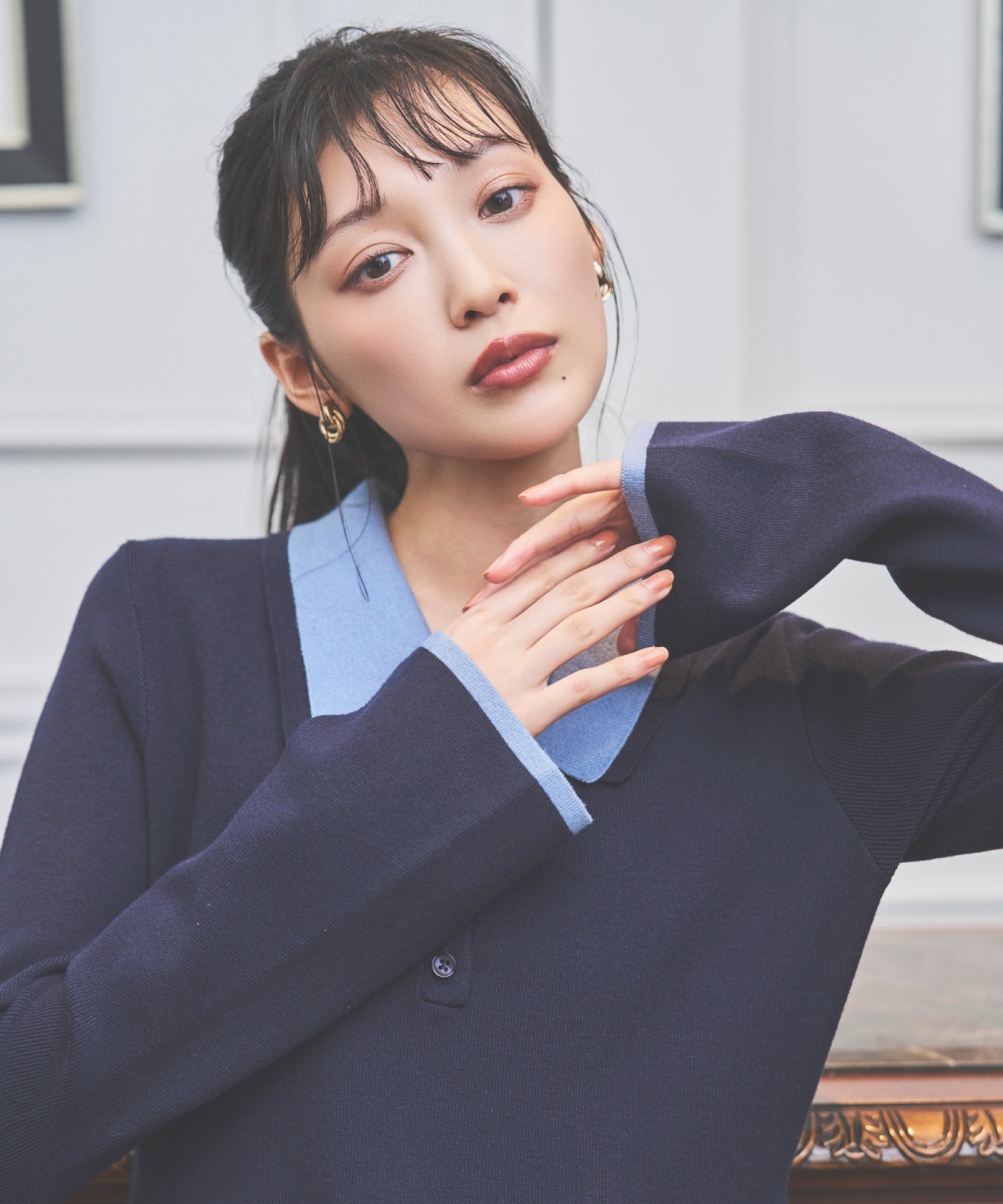 バイカラーポロニットフレアミニワンピース