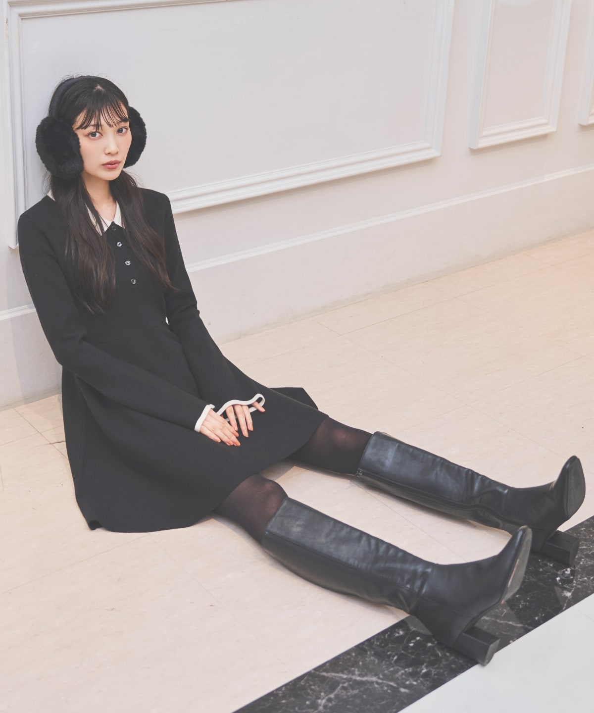 バイカラーポロニットフレアミニワンピース