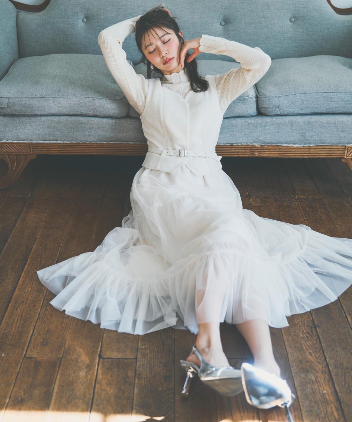 ツイード×チュールドッキングワンピース