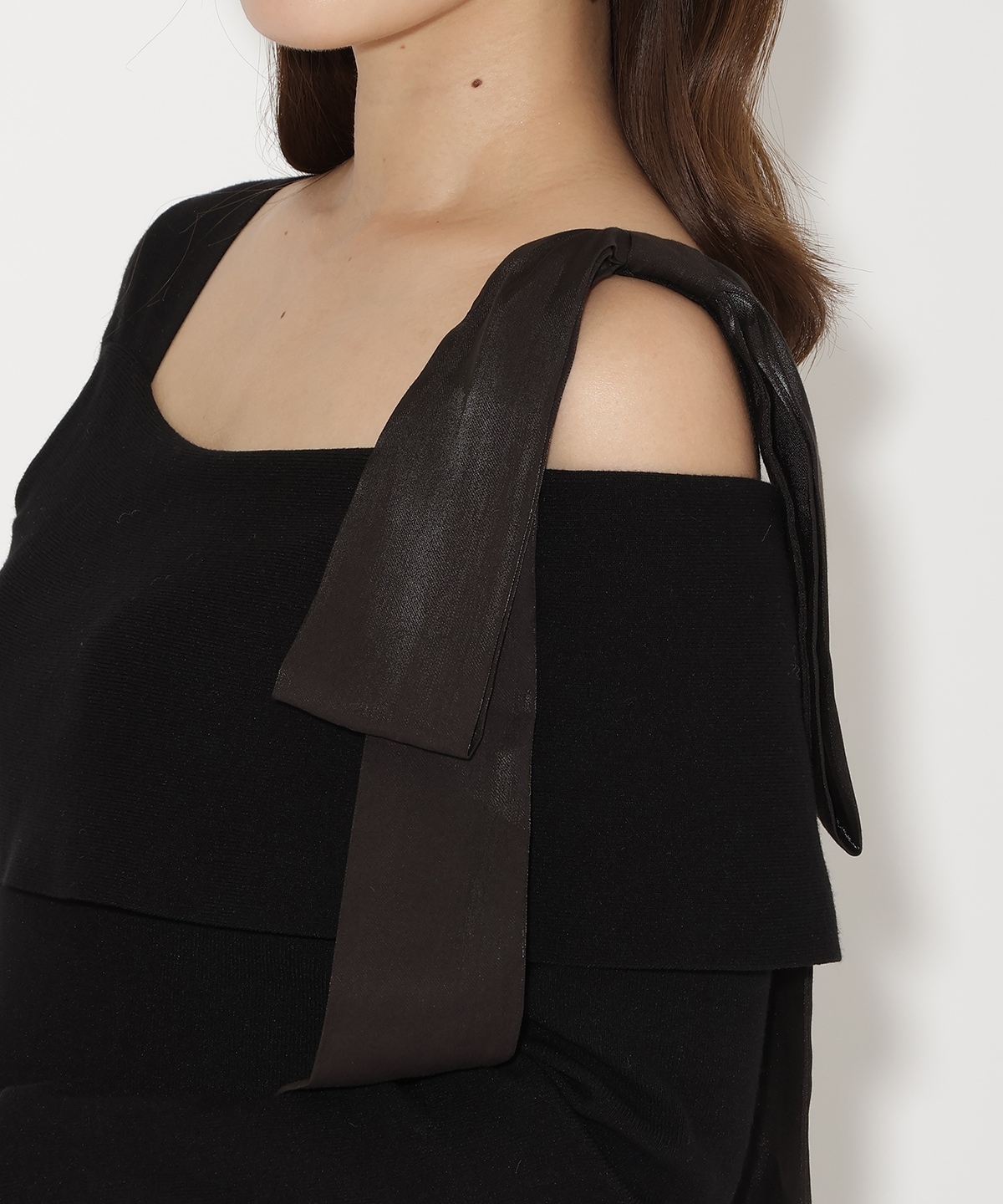 ショルダーリボンニットドッキングワンピース